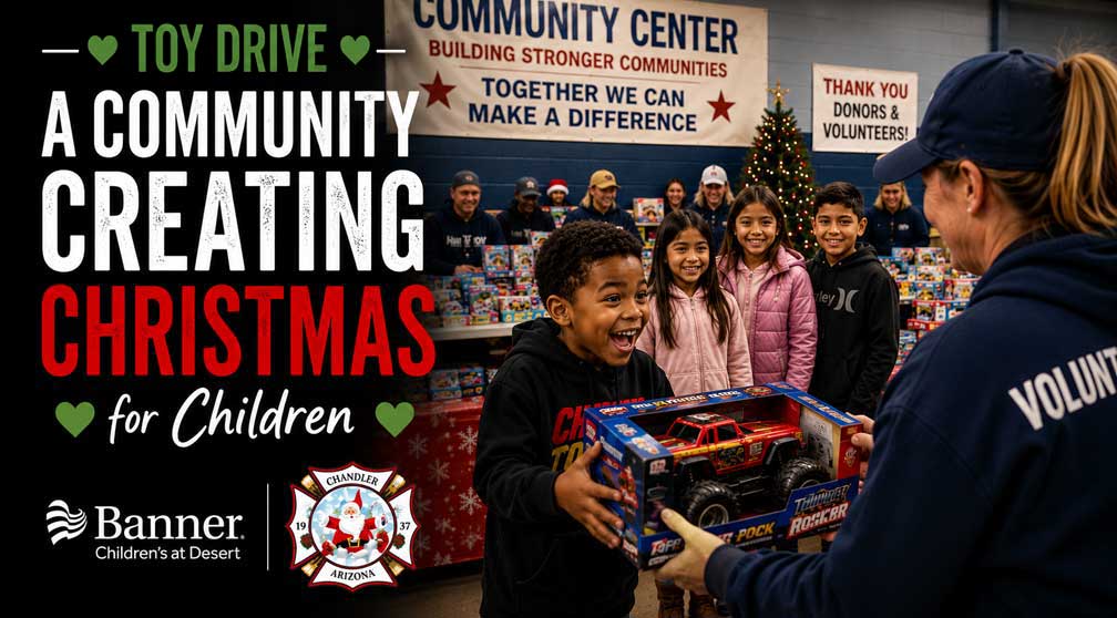 Volunteer presents a toy to a smiling child during Rockin' for Kids' annual holiday toy drive benefiting local children and families.