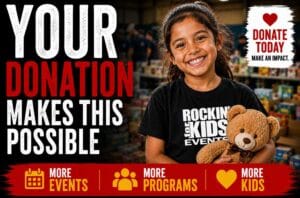 Smiling child holding a teddy bear at a Rockin' for Kids community event, illustrating how donations help expand programs and reach more children in need.