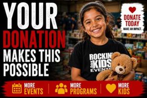 Smiling child holding a teddy bear at a Rockin' for Kids community event, illustrating how donations help expand programs and reach more children in need.