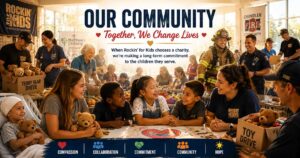 Rockin' for Kids volunteers, community partners, healthcare professionals, first responders and children working together to improve the lives of local children through community partnerships.