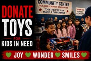 Children receiving donated toys from a Rockin' for Kids volunteer at a community center during the annual Toy Drive.