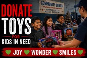 Children receiving donated toys from a Rockin' for Kids volunteer at a community center during the annual Toy Drive.