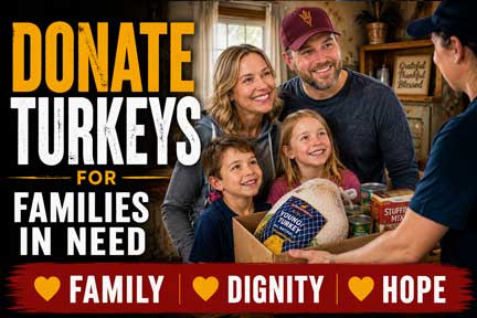 Family receiving a Thanksgiving turkey and food donation from a Rockin' for Kids volunteer during the annual Turkey Drive.