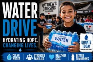 Child holding a case of bottled water during a Rockin' for Kids Water Drive at Matthew's Crossing Food Bank, helping families in need.
