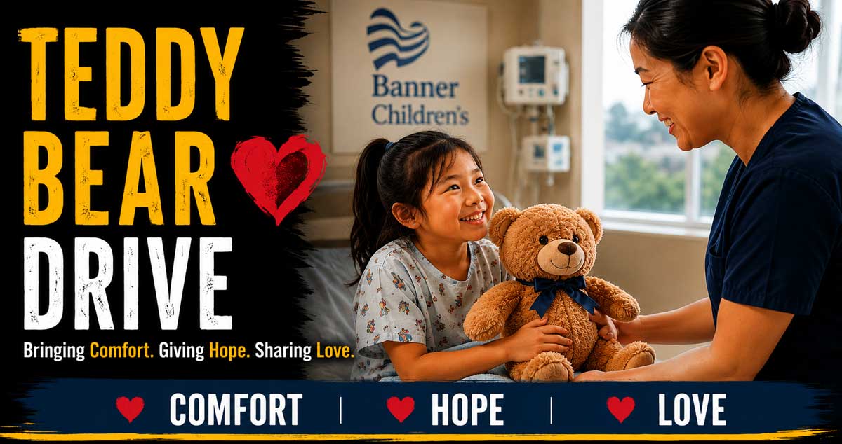 Child receiving a teddy bear through the Rockin' for Kids Teddy Bear Drive program in Arizona's East Valley.